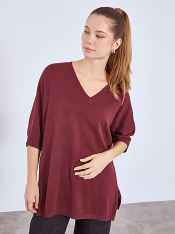 Πουλόβερ μακρύ με V λαιμόκοψη σε μπορντό