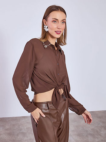 Shirt semi sheer with strass in brown