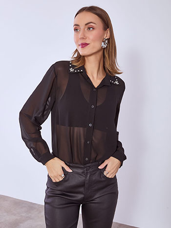 Shirt semi sheer with strass in black