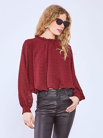 Top with ruffled neckline in wine red