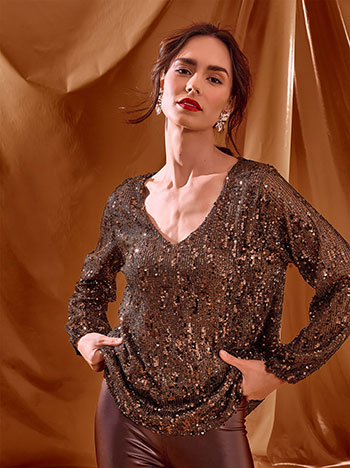 Μπλούζα μονόχρωμη με παγιέτες σε καφέ