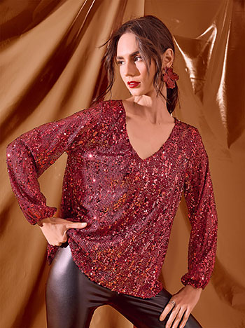 Μπλούζα μονόχρωμη με παγιέτες σε μπορντό