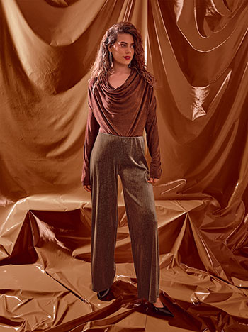 Trousers wide leg velvet metallic in brown