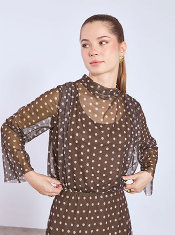 Μπλούζα πουά με διαφάνεια σε καφέ σκούρο