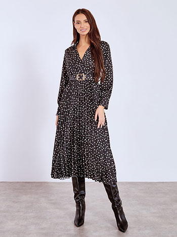 Φόρεμα πουά με πλισέ κάτω μέρος σε μαύρο