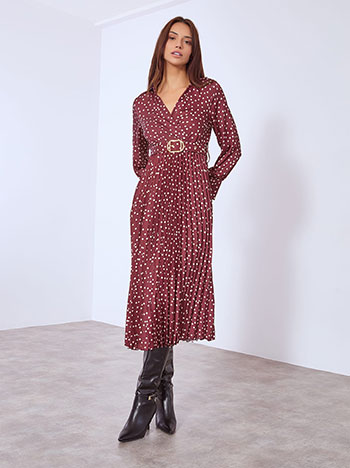 Φόρεμα πουά με πλισέ κάτω μέρος σε μπορντό