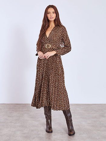 Φόρεμα πουά με πλισέ κάτω μέρος σε καφέ σκούρο