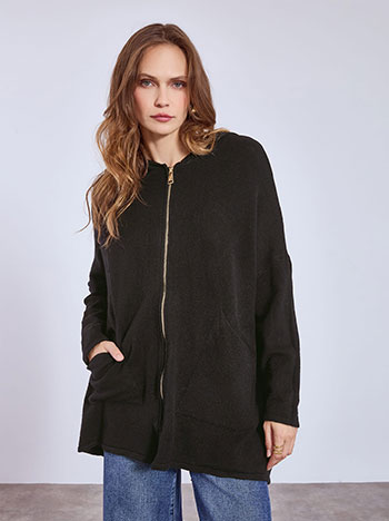 Cardigan long with hoodie in black