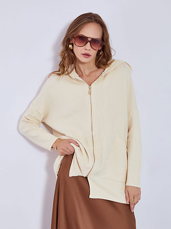 Cardigan long with hoodie in beige