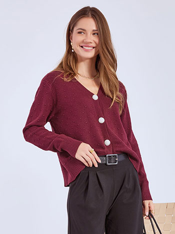Cardigan with pearls and textured details in wine red