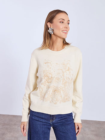 Πουλόβερ με κέντημα και πέρλες σε μπεζ