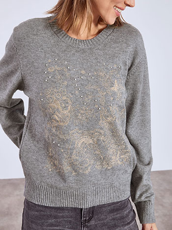 Πουλόβερ με κέντημα και πέρλες σε γκρι