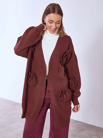 Ζακέτα πλεκτή με λουλούδια σε μπορντό