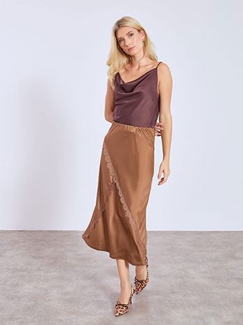 Skirt midi satin with lace in brown