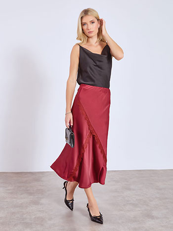 Skirt midi satin with lace in wine red