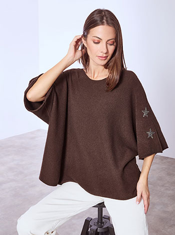 Sweater with strass stars in dark brown