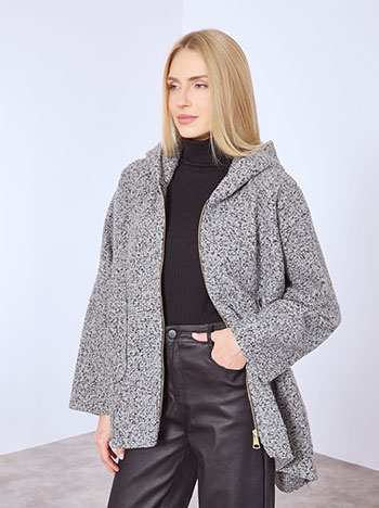 Coat boucle asymmetric with hoodie in grey