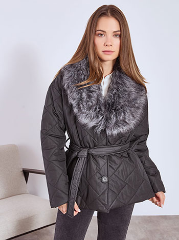 Μπουφάν με γούνα στο γιακά σε μαύρο