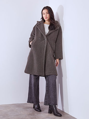 Παλτό μπουκλέ με κουκούλα σε γκρι σκούρο