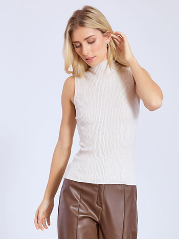 Πουλόβερ αμάνικο ριπ πλεκτό σε μπεζ ανοιχτό