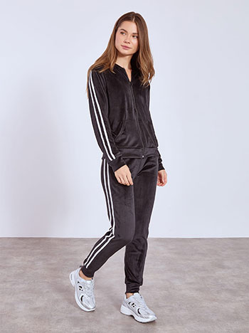 Tracksuit set velvet with side stripes in black