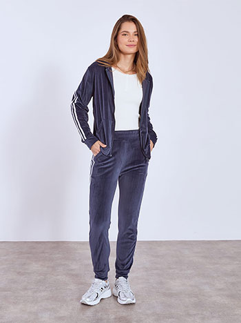Tracksuit set velvet with side stripes in dark blue