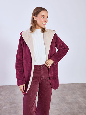 Cardigan fluffy with hoodie in wine red