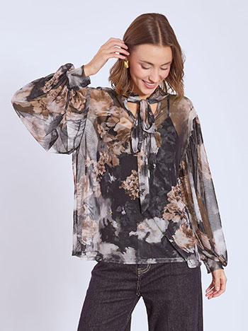 Μπλούζα φλοράλ ημιδιάφανη σε μαύρο