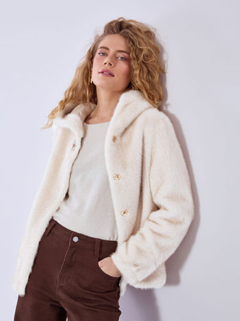 Fur with strass flower button in beige