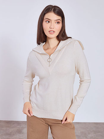 Sweater with zipped neckline in beige