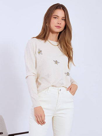 Sweater with strass bees in light beige
