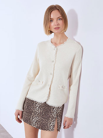Cardigan knitted with fringes in light beige