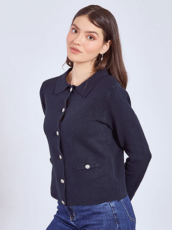 Ζακέτα πλεκτή με κλασικό γιακά σε σκούρο μπλε