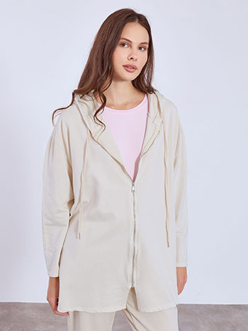 Ζακέτα μακριά με κουκούλα σε μπεζ ανοιχτό