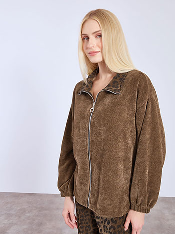 Cardigan corduroy with leopard collar in brown