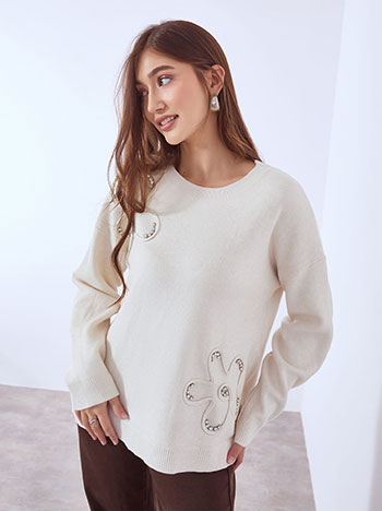 Sweater with strass stones in light beige
