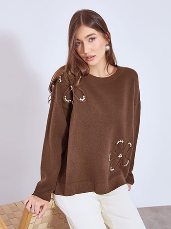 Sweater with strass stones in dark brown