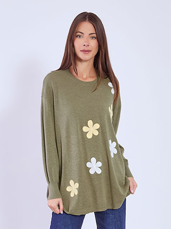 Sweater long with textured flowers in khaki