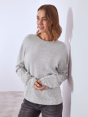Sweater with pearls on hemline in grey