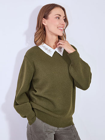 Sweater with collar and strass in khaki