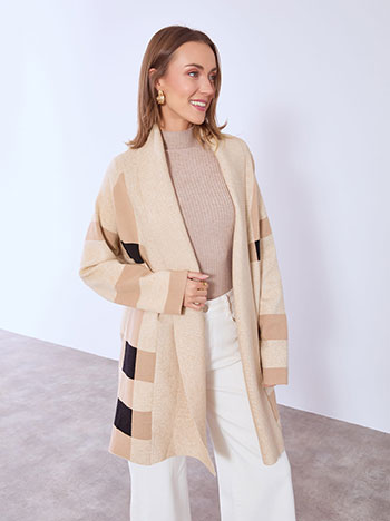 Ζακέτα μακριά με καρό σχέδιο σε μπεζ