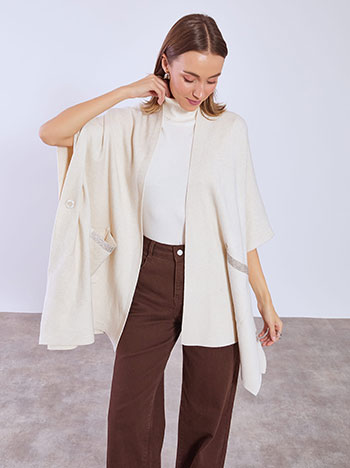 Cardigan cape with strass on pockets in light beige