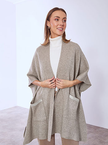 Cardigan cape with strass on pockets in light brown