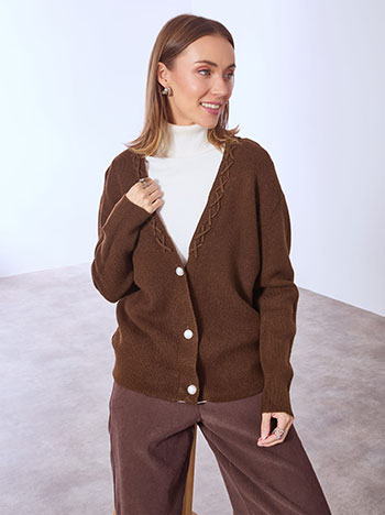 Cardigan with pearled buttons in dark brown