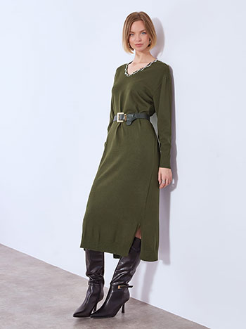 Dress knitted midi with pearls in khaki