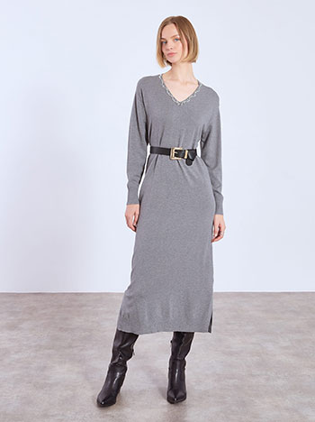 Φόρεμα πλεκτό μίντι με πέρλες σε γκρι