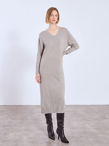 Dress knitted midi with pearls in light brown