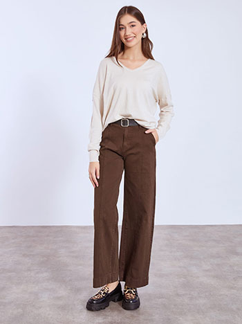 Τζιν wide leg με διακοσμητικές ραφές σε καφέ σκούρο