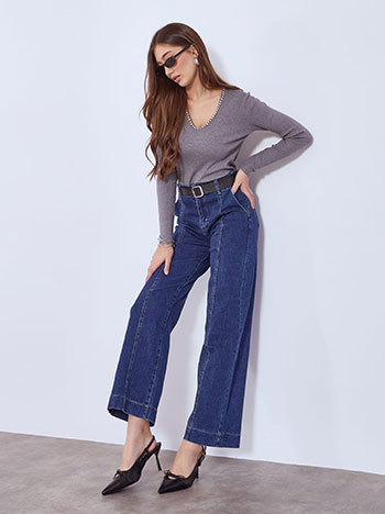 Jeans wide leg with decorative seams in dark blue