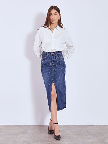 Φούστα τζιν μίντι με strass σε σκούρο μπλε